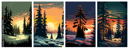 Set of snowy landscape at sunset vector illustration