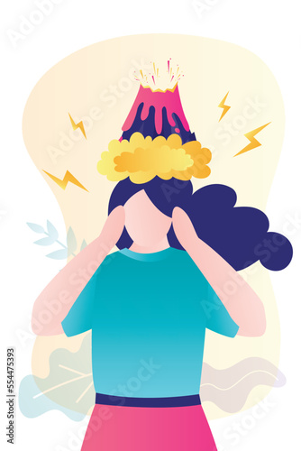 Sad woman with mental problems. Volcano eruption on head. Negative emotions. Anger, irritation, outrage girl. Mental tension, experiencing stress, panic attack, hysteric behavior.