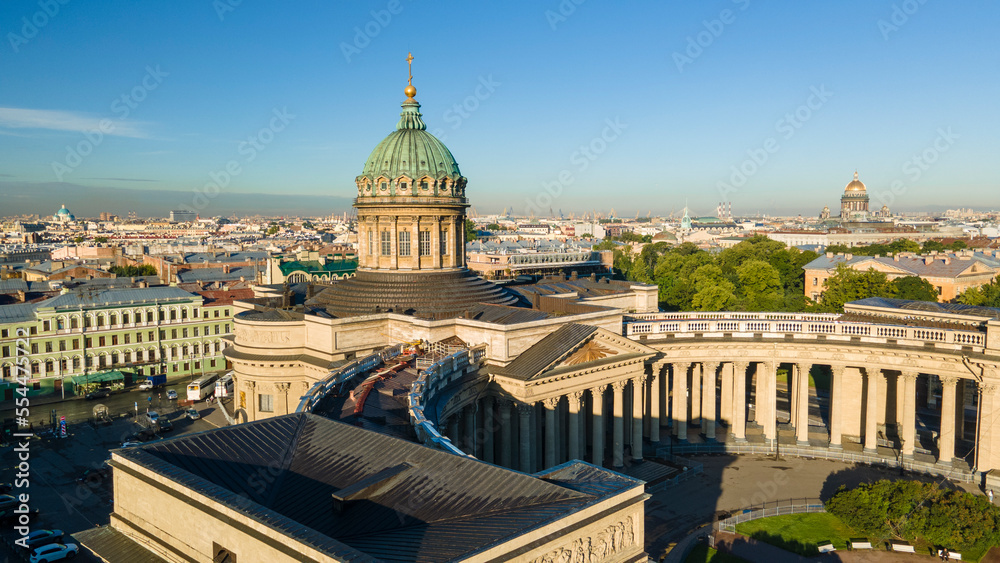 Aerial front view of the Kazan Cathedral in the historical and at the same time modern city of St. Petersburg at sunny summer dawn