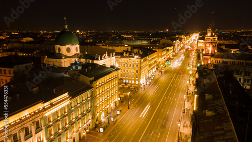 Aerial view of the Nevski street in the historical and at same time modern city of St. Petersburg at summer night
