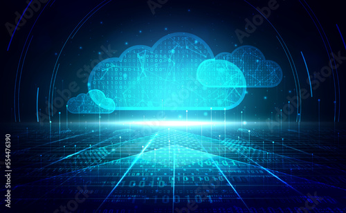 Digital technology cloud service blue green background, cyber cloud computing, abstract upload tech, innovation futuristic, wifi internet network connection, Ai big data storage illustration vector 3d