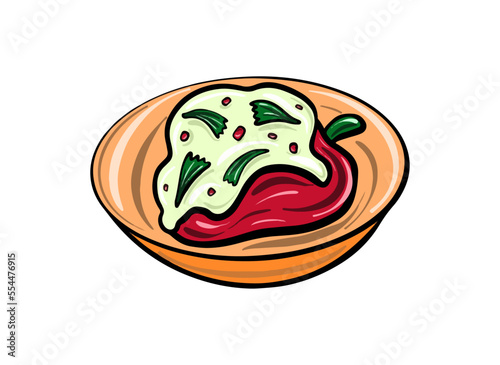 Vector Stuffed peppers with herbs and sauce. Mexican traditional cuisine. Food illustration in cartoon flat style.