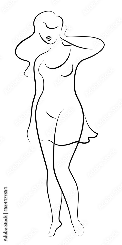 Beautiful woman figure silhouette in modern single line continuous style. The girl is overweight. The lady is standing. Vector illustrations. Beautiful woman figure silhouette in modern single line continuous style. The girl is overweight. The lady is standing. Vector illustrations.