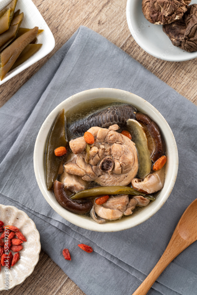 Delicious Taiwanese peeled green chili pepper chicken soup with mushroom and goji berry. Delicious Taiwanese peeled green chili pepper chicken soup with mushroom and goji berry.