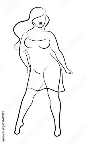 Beautiful woman figure silhouette in modern single line continuous style. The girl is overweight. The lady is standing. Vector illustrations.