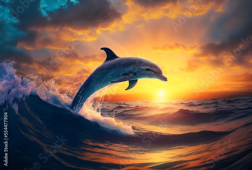 Dolphin in the ocean  Sunset  Generative AI