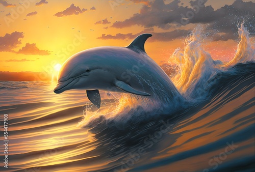 Dolphin in the ocean, Sunset, Generative AI © Melih
