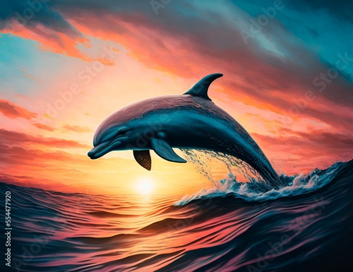 Dolphin in the ocean, Sunset, Generative AI