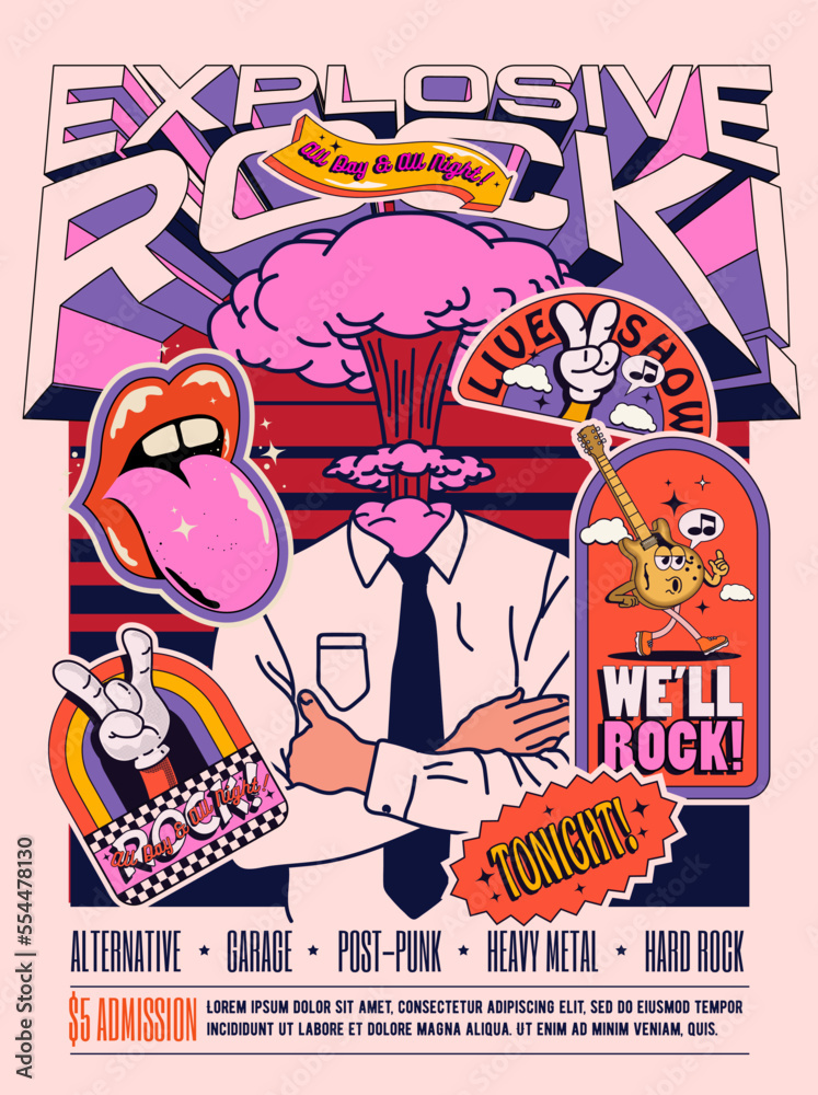 Live rock music show or concert or festival poster or flyer design template in retro style with office clerk with explosion instead his head and vintage rock party stickers. Vector illustration - obrazy, fototapety, plakaty 