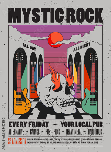 Vintage styled mystic rock music poster or flyer design template with retro psychedelic composition of skull and electric guitars and sunset for rock and roll show or live concert or performance