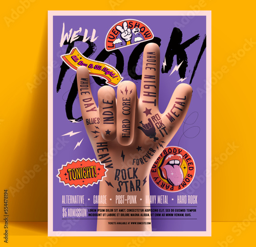 Live rock music show or party or festival poster or flyer design template with 3d rock devil horns hand gesture and various retro vintage stickers on purple background. Vector illustration