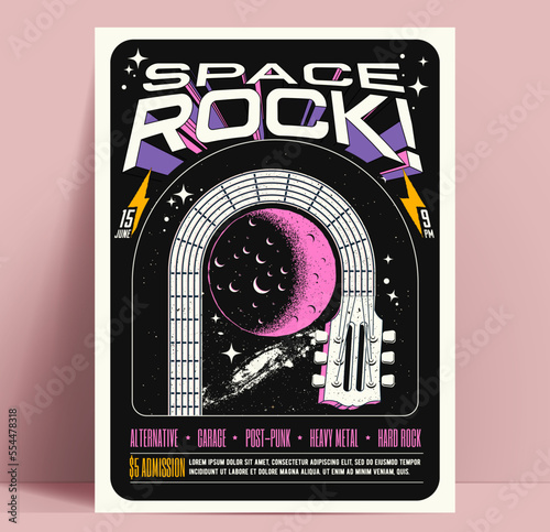 Space rock music show or party or concert or musical festival flyer or poster design template guitar neck bends around the moon photo
