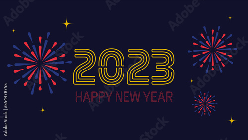 Bannière, illustration vectorielle pour la nouvelle année. Message 2023, feu artifice et étoiles.