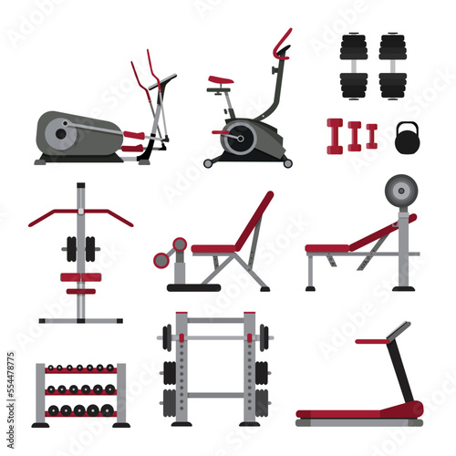 Set of black, grey and red isolated flat gym equipment icons on white background