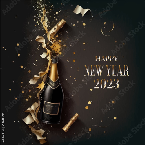 Abstract watercolor New Years Eve Greeting Card with champagne bottle on dark background