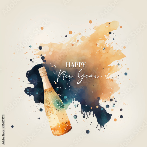 Abstract watercolor New Years Eve Greeting Card with champagne bottle on bright background photo