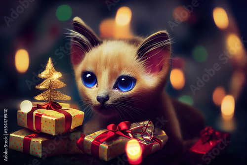 Cute Siamese kitten with presents in the Christmas lights background, AI generated image