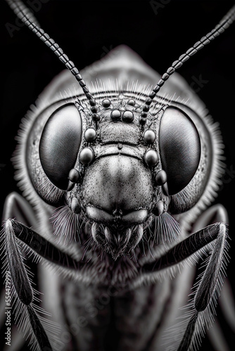 frontal portrait black and white closeup insect