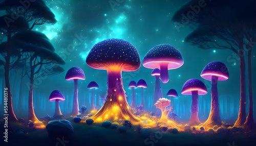 Towering mushroom forest illuminated in bioluminescence, Digital matte painting, A backdrop of the Milky Way galaxy.
