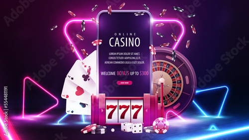 Online casino, banner with smartphone with neon triangle frame, slot machine, Roulette, chips, playing cards and pink neon triangles on dark scene