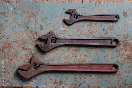 Rotterdam, Netherlands - 11-11-2022: Three vintage Bahco adjustable spanners flat lay