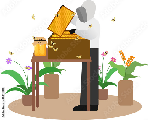 Harvesting Honey vector illustration, worker harvesting honey on an apiary. honey farm from bees, pick honeycombs from bee apiary, beekeeping. safety clothes for worker, the food and beverage industry