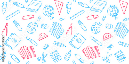 Blue and pink school supplies and office stationary on a white background. Back to school endless texture, education and business concept. Vector seamless pattern for surface texture or wrapping paper