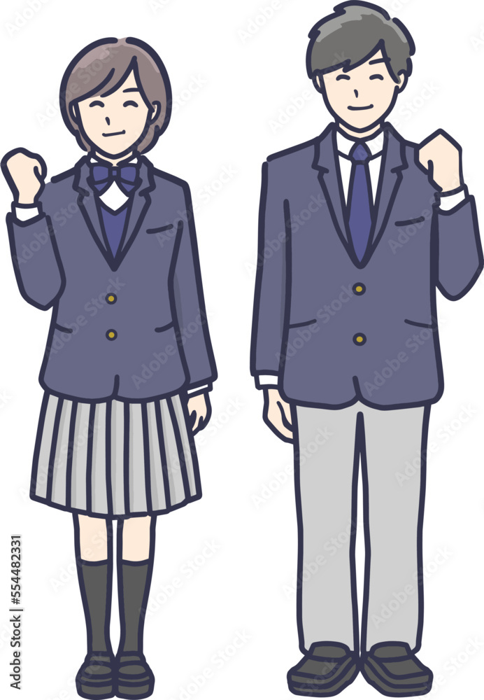 ガッツポーズをする制服を着た男女の全身イラスト