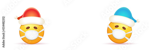 Vector Christmas horizontal banner with funky Emoji sticker with mouth medical protection mask and santa claus red hat isolated on white background. Yellow santa doctor smile face character set