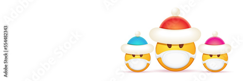 Vector Christmas horizontal banner with funky Emoji sticker with mouth medical protection mask and santa claus red hat isolated on white background. Yellow santa doctor smile face character set