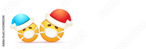 Vector Christmas horizontal banner with funky Emoji sticker with mouth medical protection mask and santa claus red hat isolated on white background. Yellow santa doctor smile face character set