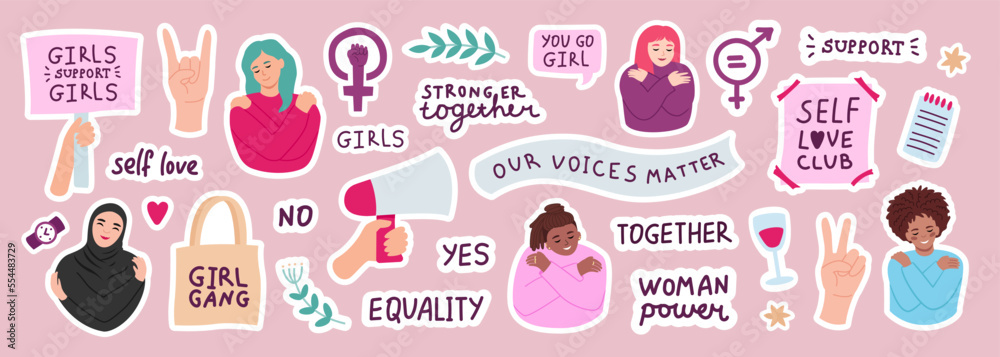 International women's day collection of trendy feminism stickers, woman and inspiration quotes for print International women's day collection of trendy feminism stickers, woman and inspiration quotes for print