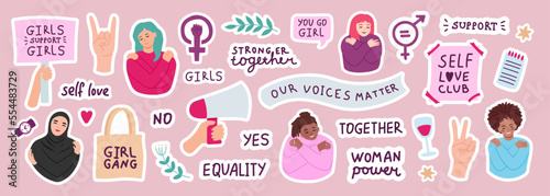 International women's day collection of trendy feminism stickers, woman and inspiration quotes for print photo
