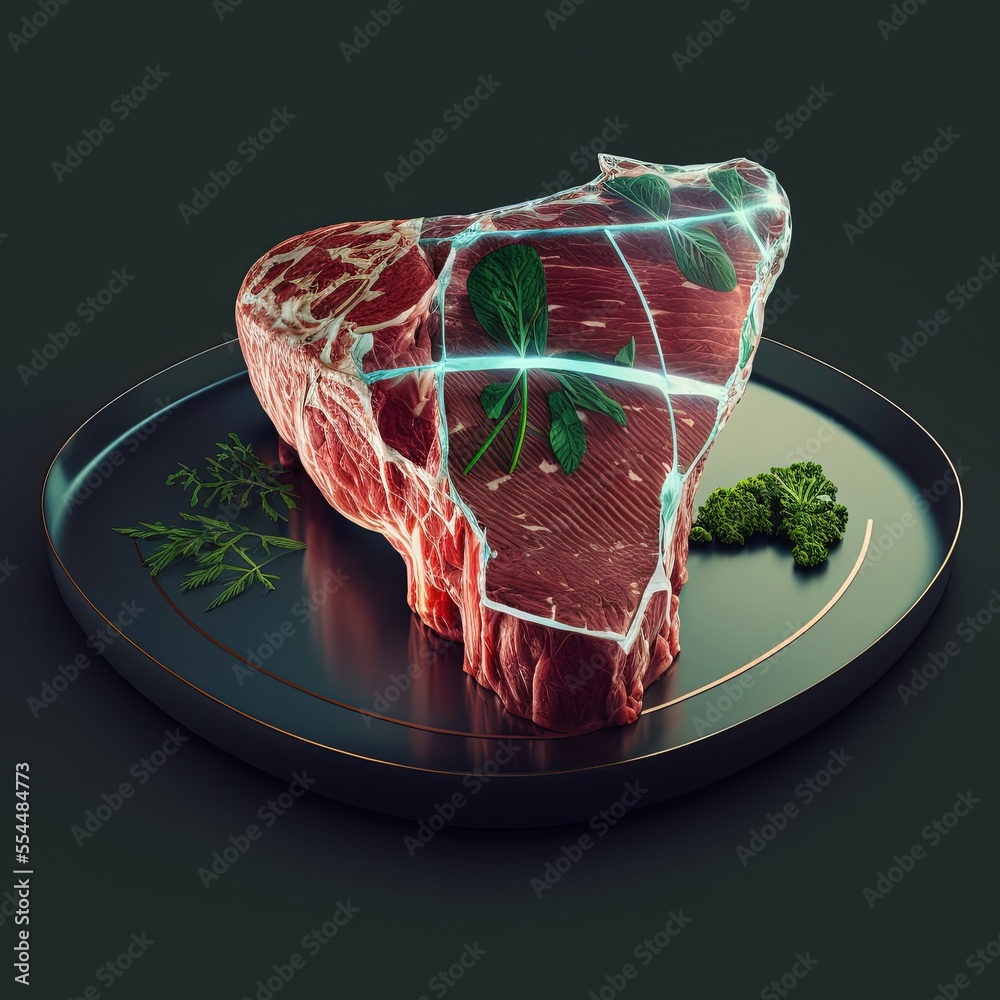 Lab grown meat, vegan meat, science for saving the environment, generative ai art, ethical meat