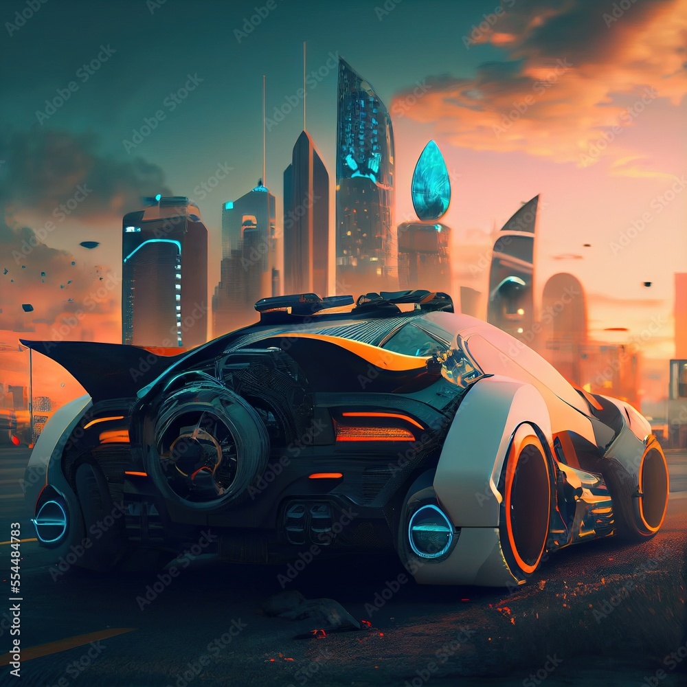 Image of a futuristic car against the backdrop of the city of the