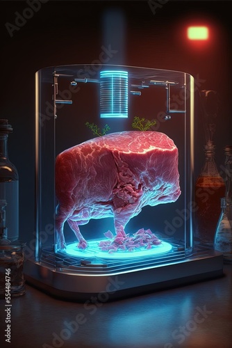 Lab grown meat, vegan meat, science for saving the environment, generative ai art, ethical meat, fake meat photo