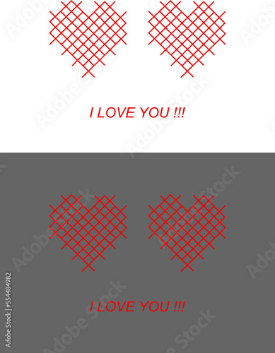 Hearts greeting card vector illustration set. Love card. Cross stitch pattern hearts. Valentines day greeting card, love hearts celebration paper template.