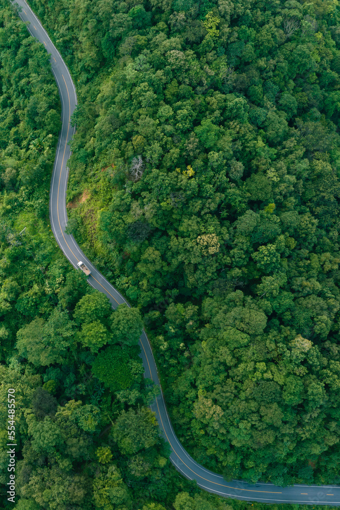 Road in the middle of the forest , road curve construction up to mountain, Rainforest ecosystem and healthy environment concept	