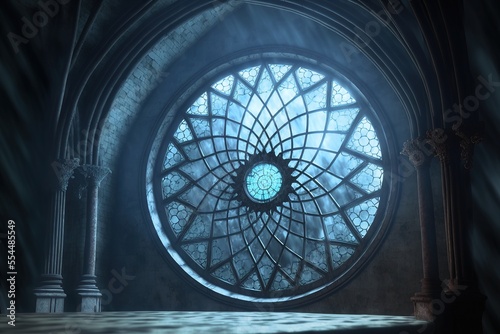 Round Vitrage Gothic Window with Colored Stained Glass in the Mystic Mansion Room. Generative AI.