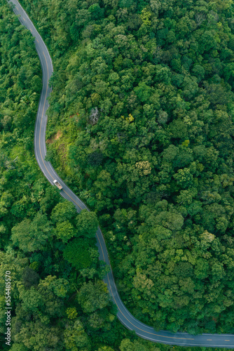 Road in the middle of the forest , road curve construction up to mountain, Rainforest ecosystem and healthy environment concept 
