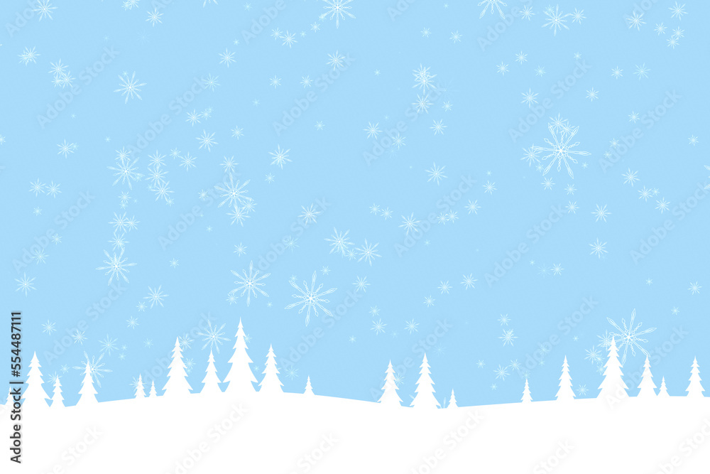 Blue white winter snowy tree landscape scene with snowflakes copy space illustration background.