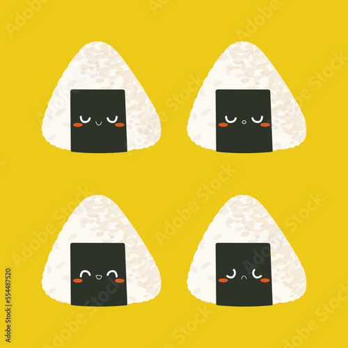 Four onigiri characters vector illustration isolated on yellow background. Traditional Japanese rice balls wrapped in nori with different emotions on faces