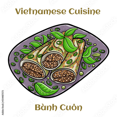 Banh cuon, vietnamese steamed rice noodle roll, vietnamese popular breakfast food. Isolated vector illustration.