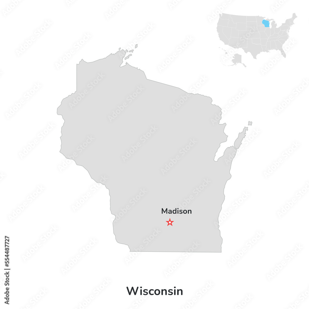 US American State of Wisconsin. USA state of Wisconsin county map outline on white background.