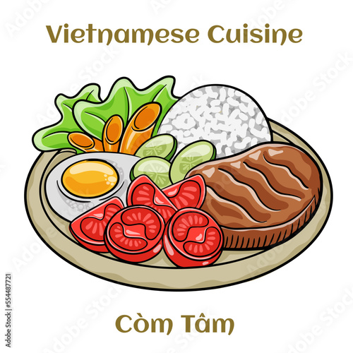 Com Tam Suon vietnamese food: Delicious broken rice with egg pie and BBQ pork chop.  Isolated vector illustration.