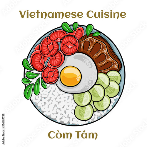 Com Tam Suon vietnamese food: Delicious broken rice with egg pie and BBQ pork chop.  Isolated vector illustration.