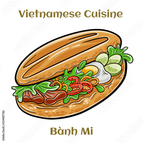 Banh mi. Classical sandwich with sliced grilled pork tenderloin, shredded carrots and peeled cucumbers, jalapeno peppers and cilantro. Isolated vector illustration.