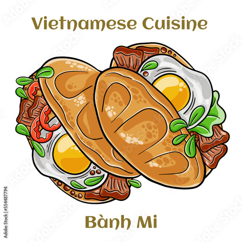 Banh mi. Classical sandwich with sliced grilled pork tenderloin, shredded carrots and peeled cucumbers, jalapeno peppers and cilantro. Isolated vector illustration.