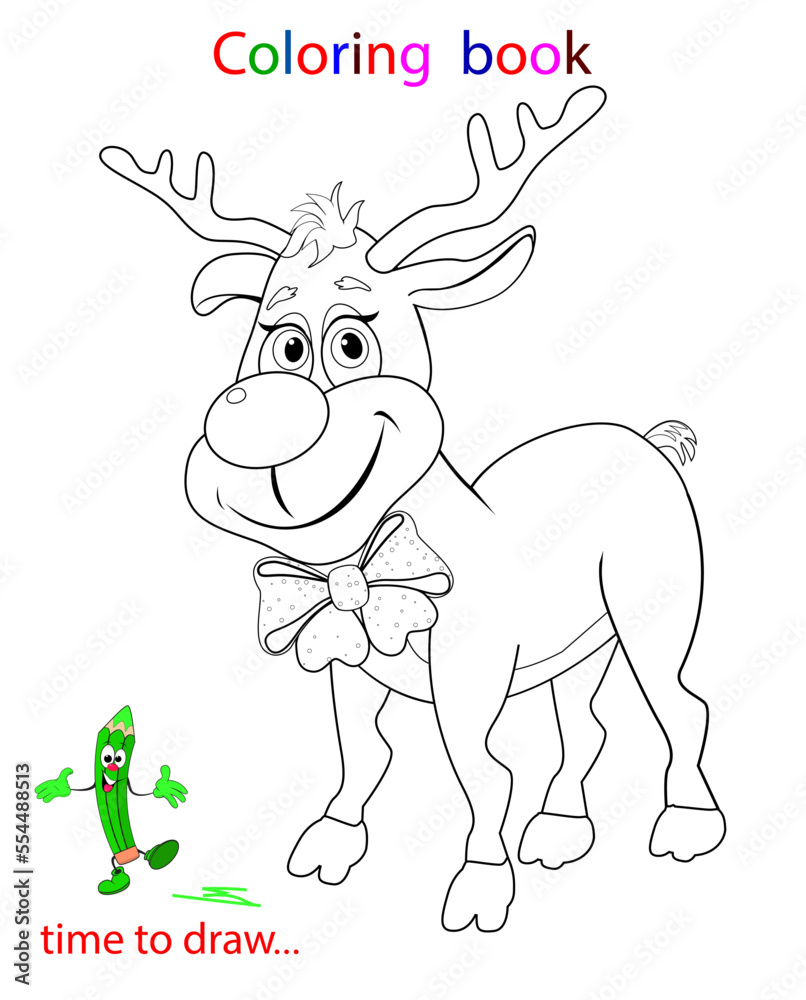 Deer with a bow, coloring in outlines. Sketch cartoon reindeer with a bow. Black and white drawing on a white background