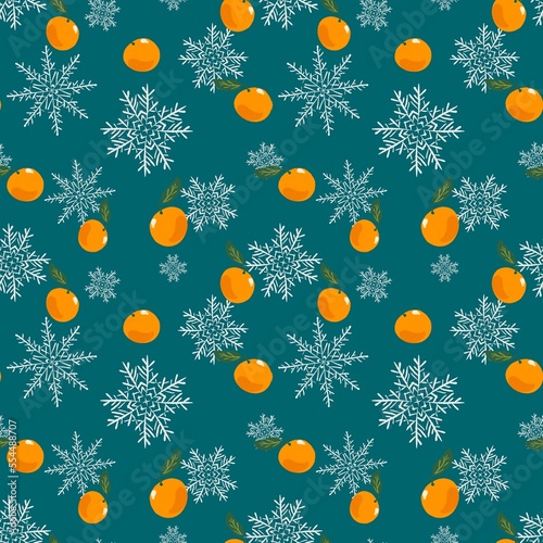 Winter seamless pattern with oranges, snowflakes